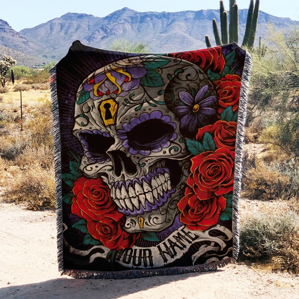 BLISSCORNERS PERSONALIZED SUGAR SKULL ROSE BANNER WOVEN & FLEECE BLANKET