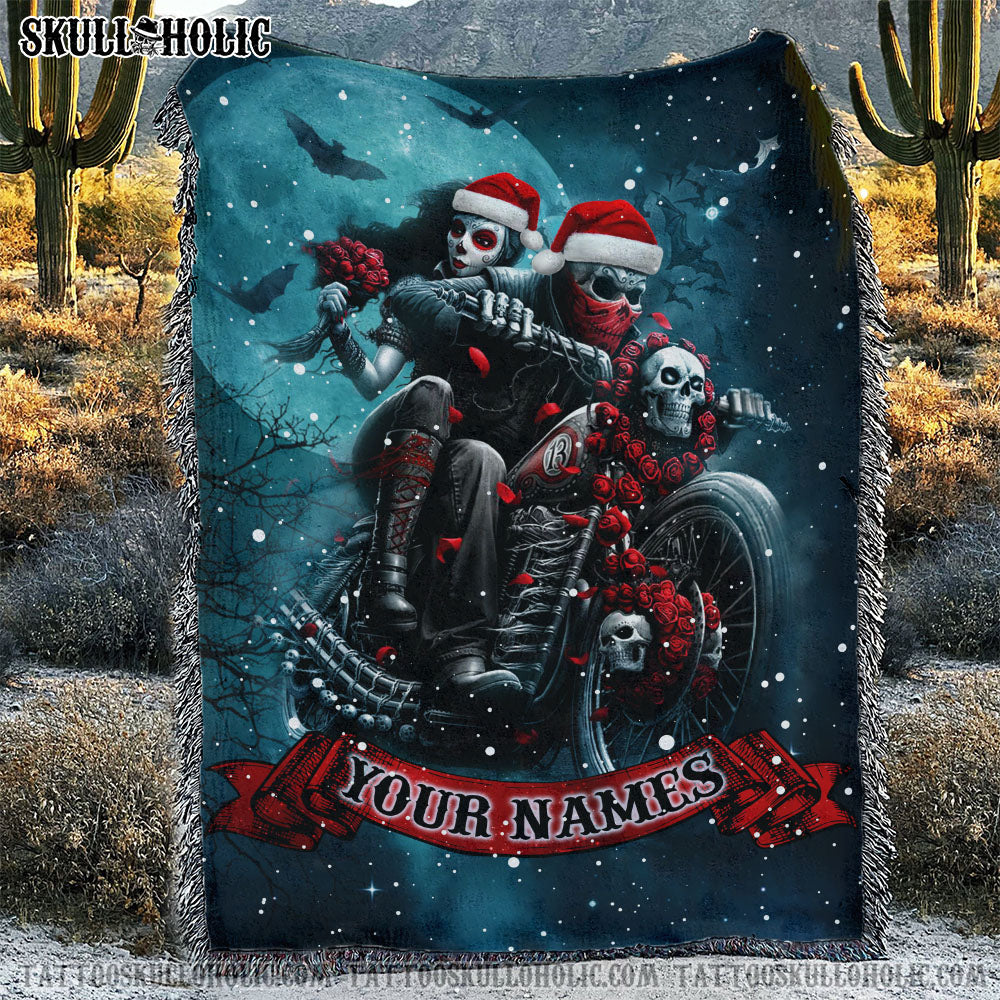 BLISSCORNERS PERSONALIZED SKULL BIKER COUPLE WOVEN & FLEECE BLANKET