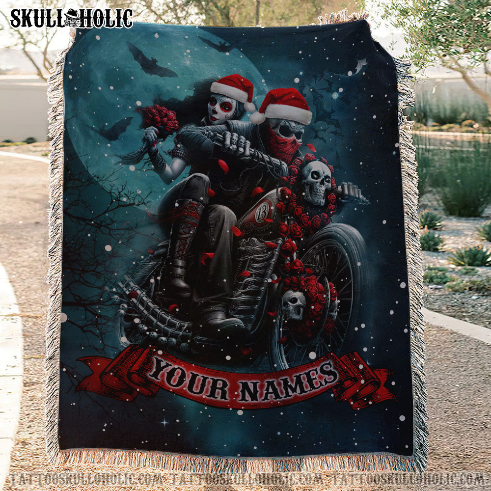 BLISSCORNERS PERSONALIZED SKULL BIKER COUPLE WOVEN & FLEECE BLANKET