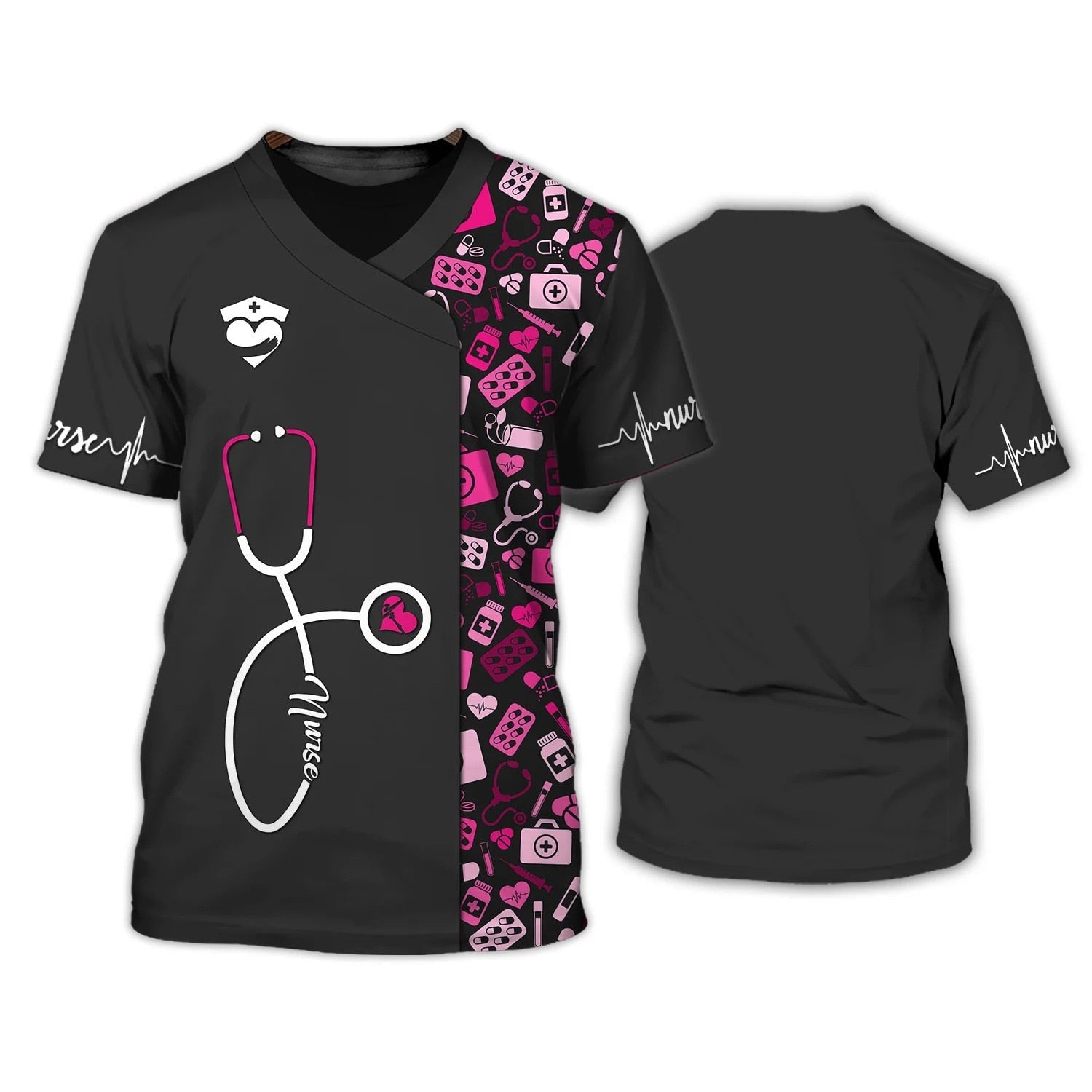 Blisscorners Women's Summer T-shirt V-neck 3d Printing Nurse Uniform Medical Care Ladies New Tops 2023