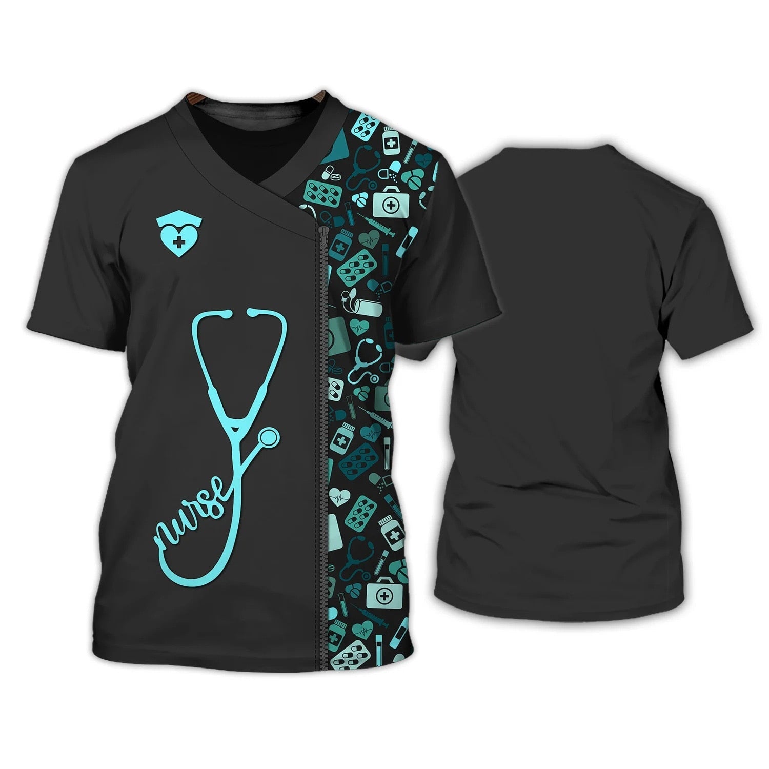 Blisscorners Women's Summer T-shirt V-neck 3d Printing Nurse Uniform Medical Care Ladies New Tops 2023