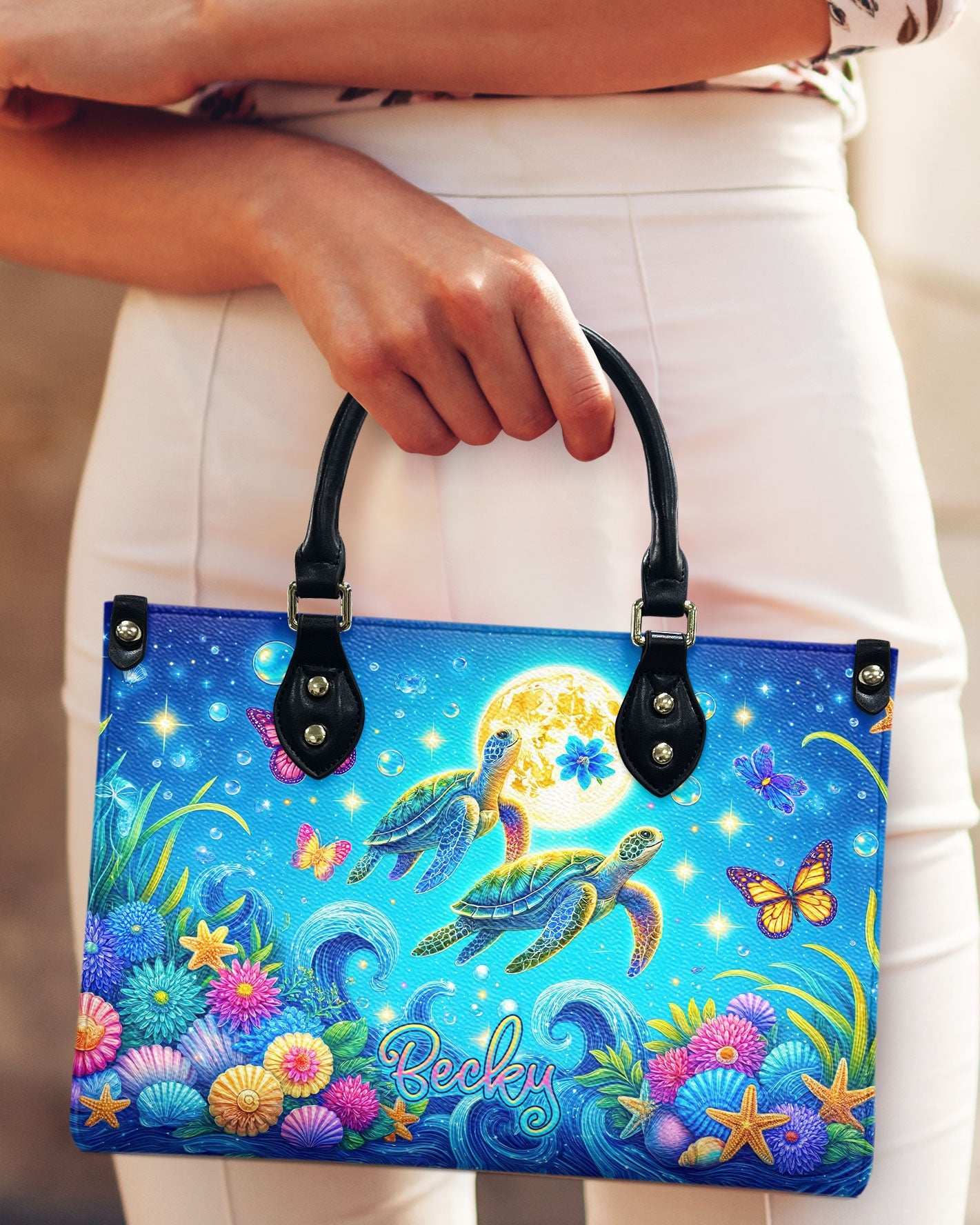 BLISSCORNERS SEA TURTLE FLORAL LEATHER HANDBAG