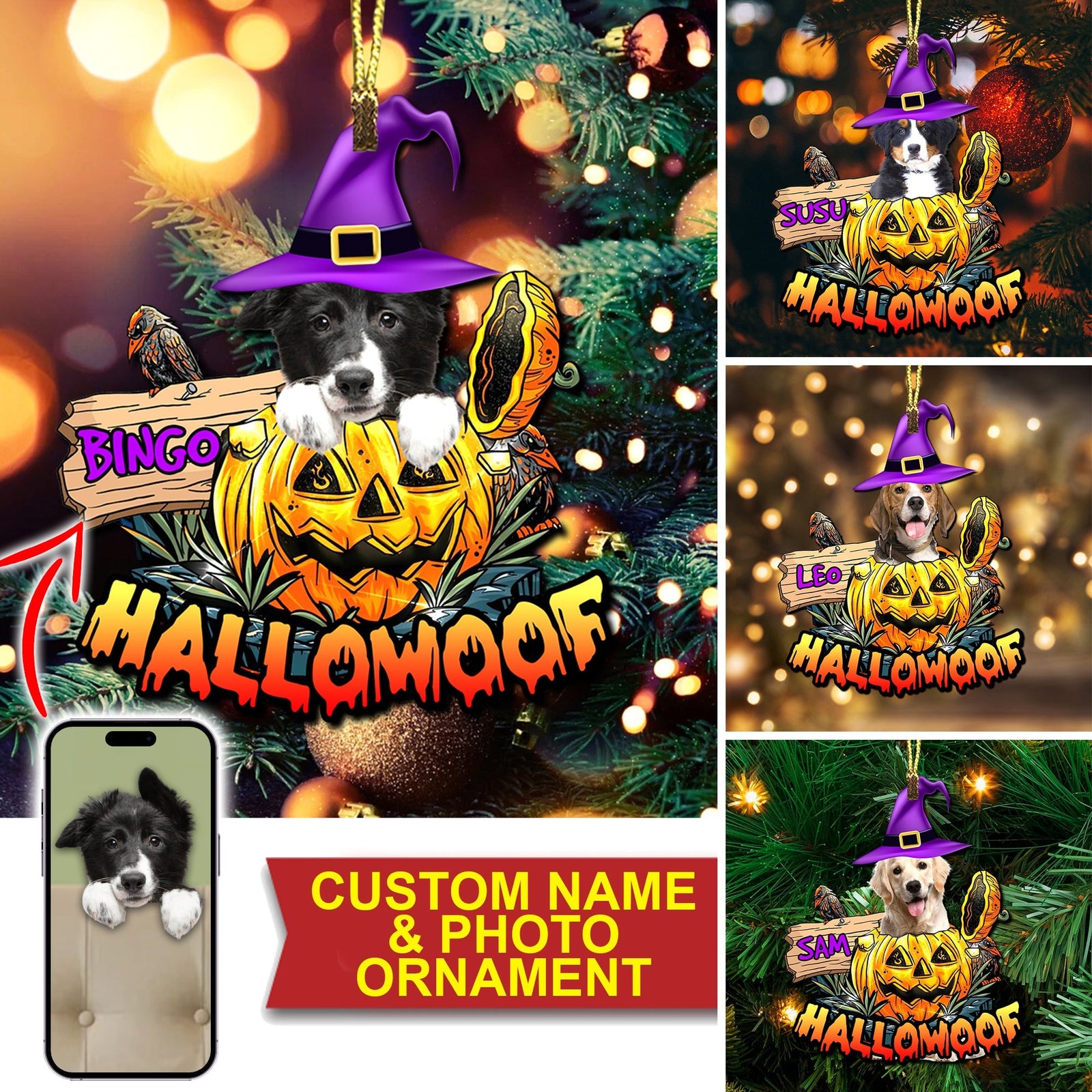 Blisscorners Hallowoof - Custom Photo And Name, Personalized Acrylic Ornament - Halloween Gift For Pet Lover2D Flat LM2111