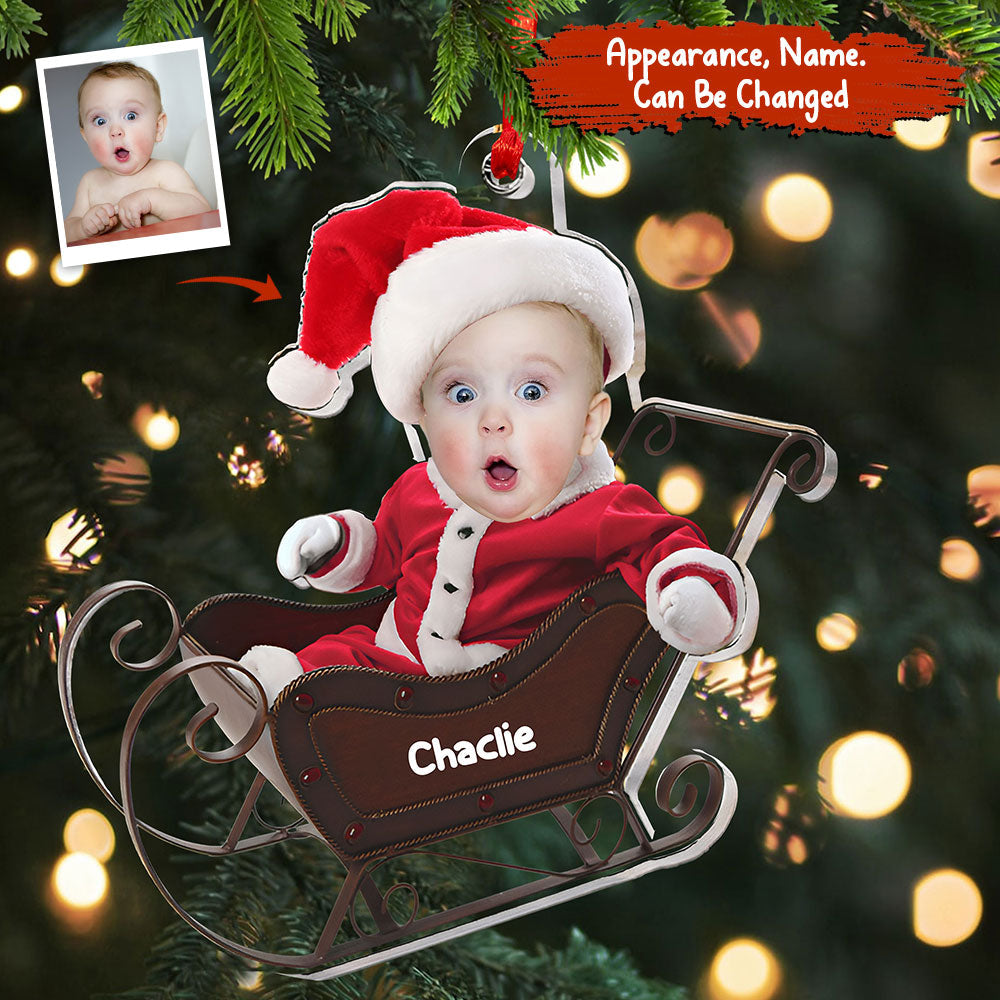 Blisscorners Baby In Christmas Sleigh - Custom Photo And Name, Personalized Acrylic Ornament - Gift For Christmas, Family Gift2D Flat LM2111