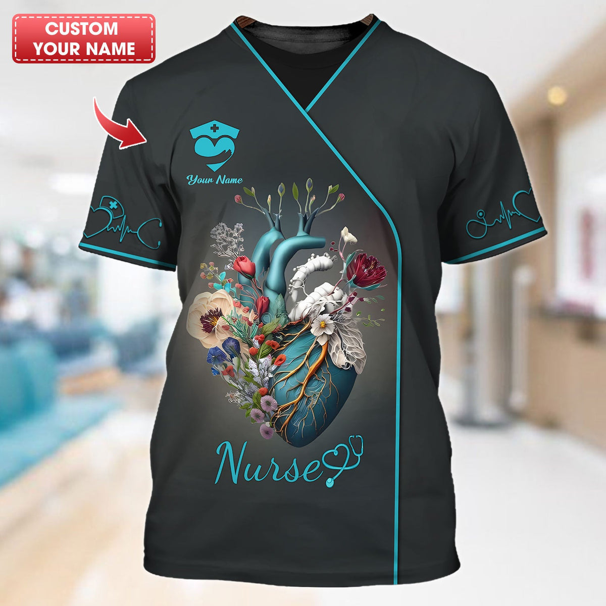 Blisscorners Personalized Nurse Shirt - Artistic Anatomy and Floral Design for Healthcare Professionals