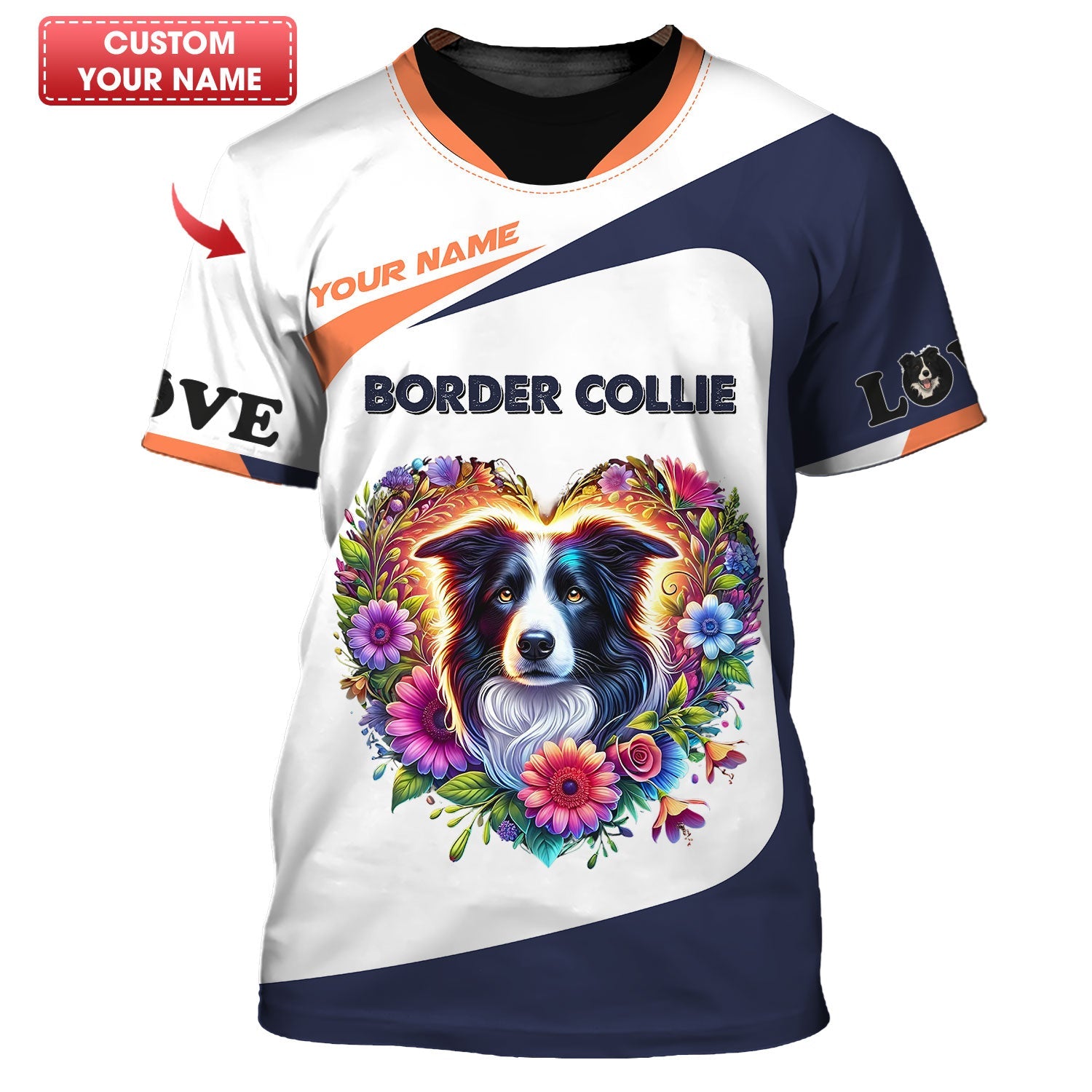 Blisscorners Personalized Border Collie Shirt - Vibrant Floral Heart Design