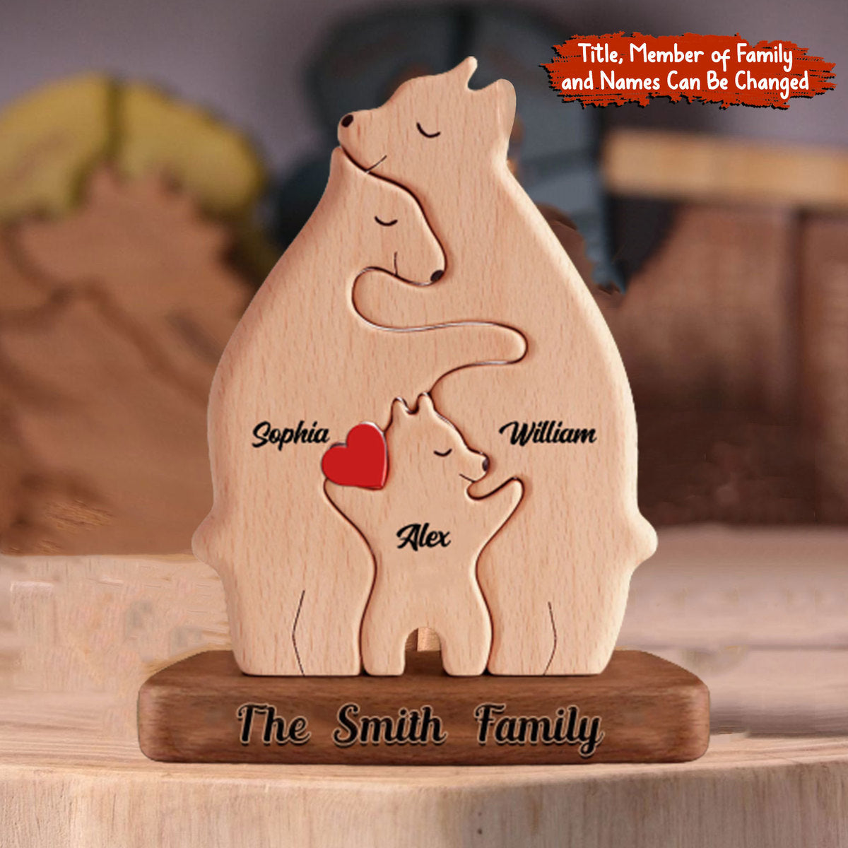 Blisscorners Personalized Wooden Bear Family - Puzzle Wooden Bear Family - Wooden Pet Carvings, Gift For Family2D Flat LM2111