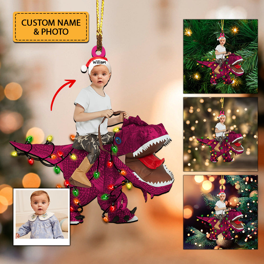Blisscorners Kid Riding Dinosaur - Christmas Gift For Family, Custom Photo And Name - Personalized Acrylic Ornament2D Flat LM2111