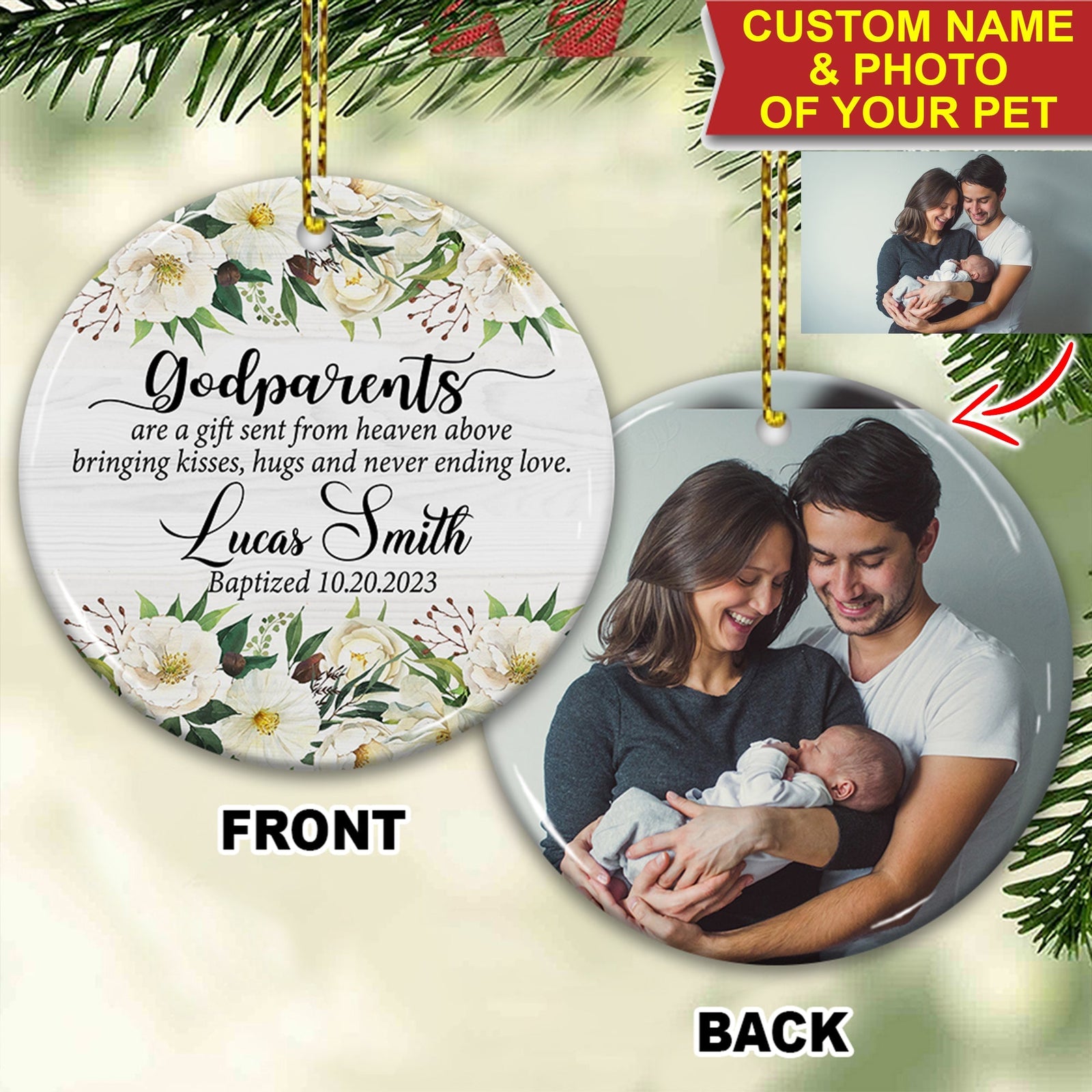 Blisscorners Godparents Are A Gift Sent From Heaven - Custom Photo And Name- Personalized 2 Sides Ceramic Ornament - Gift For Family, Christmas Gift2D Flat LM2111