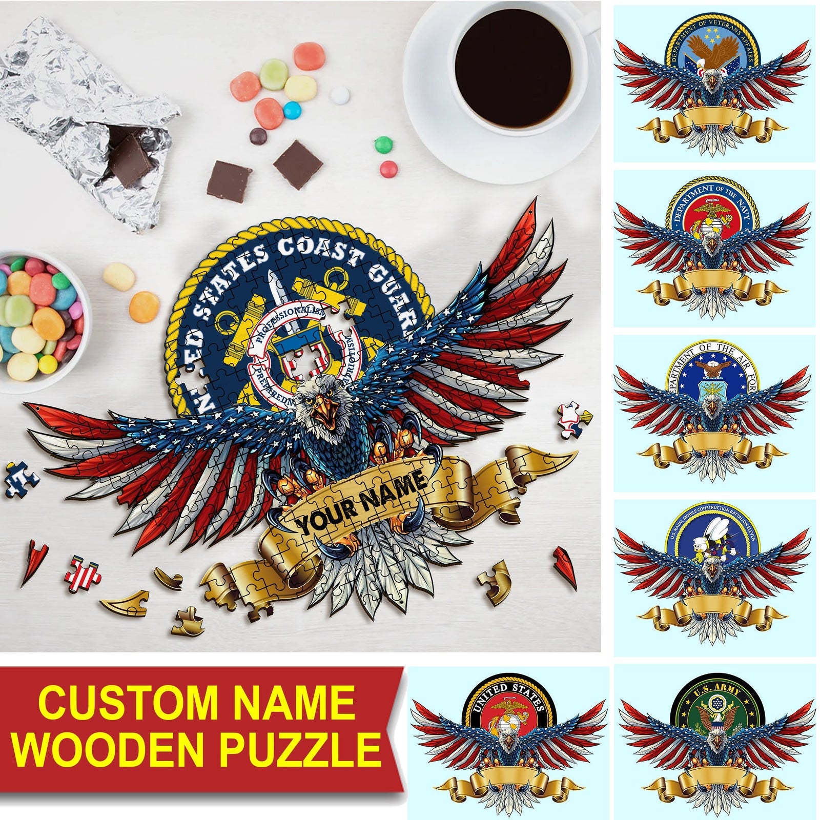 Blisscorners U.S Army, Personalized Puzzle Wooden - Wooden Eagle Carvings - Gift For Family, Gift For Veteran2D Flat LM2111