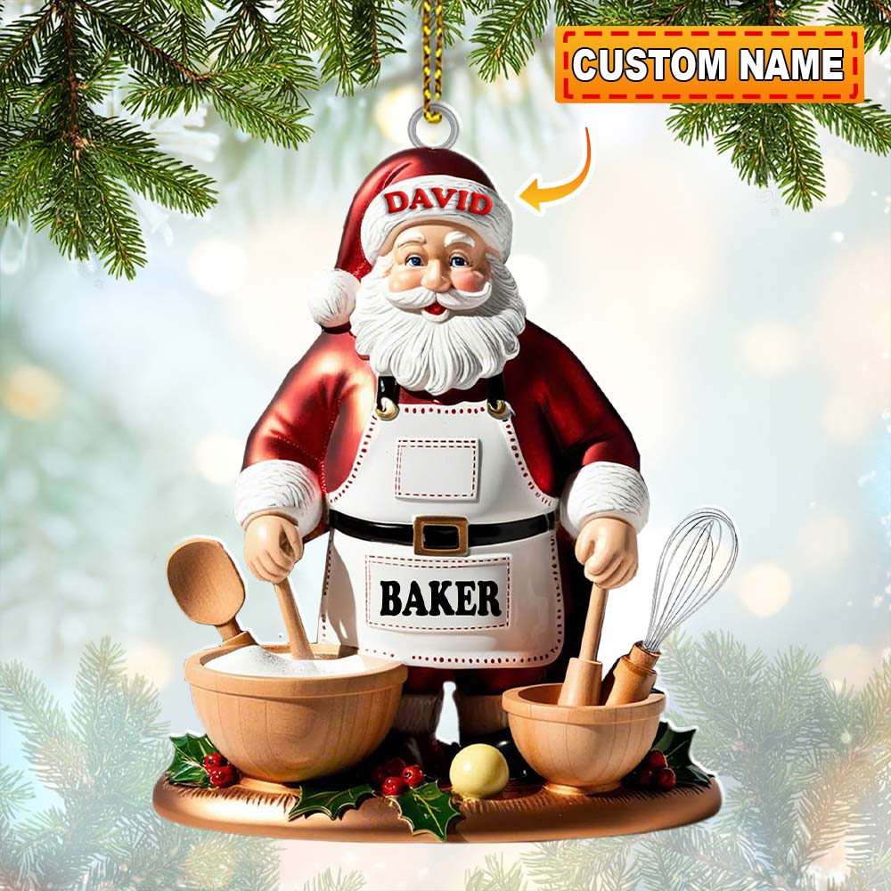 Blisscorners Custom Name Baking Santa Ornament, Christmas Gift for Baker2D Flat LM2211
