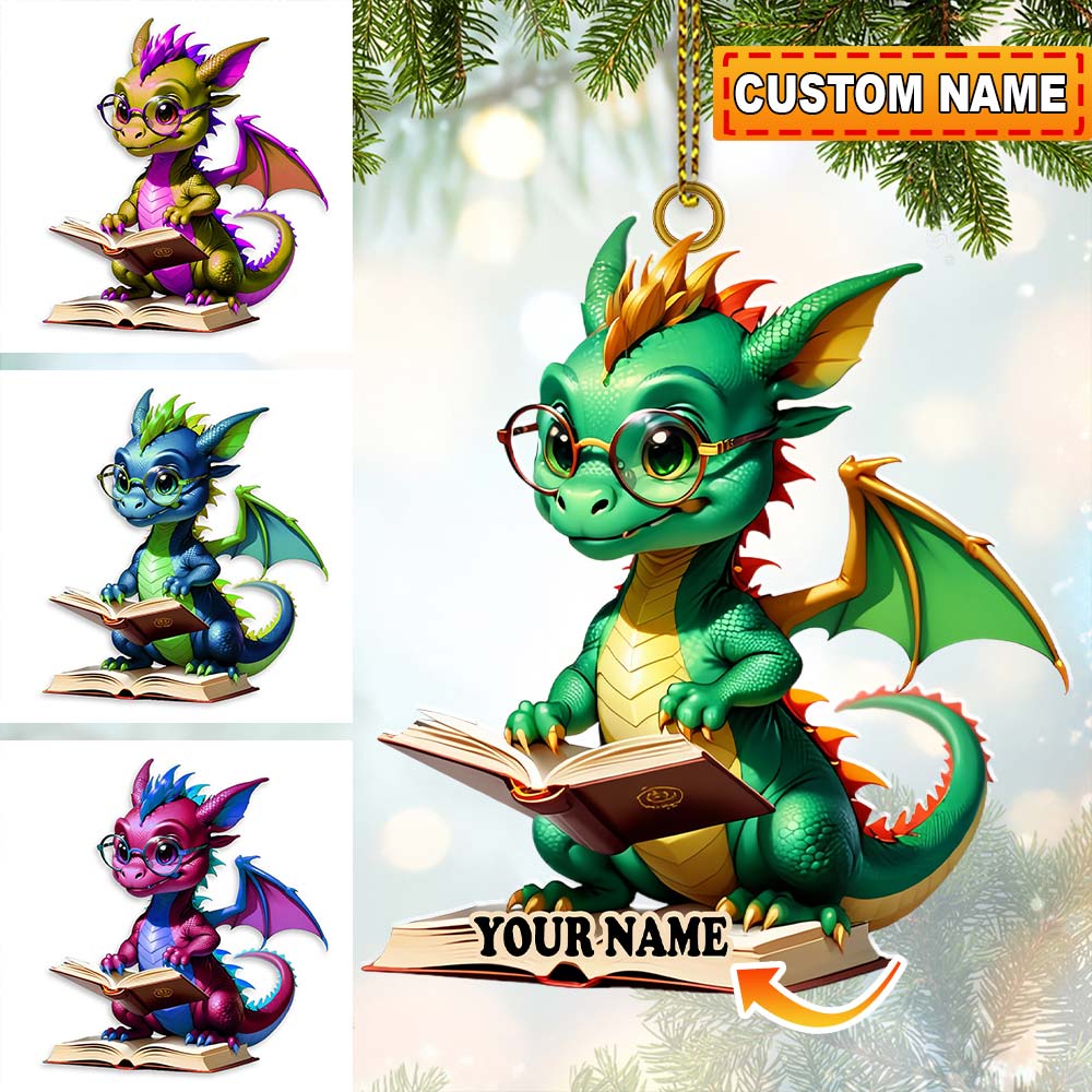 Blisscorners Custom Name Dragon Reading Books Ornament, Christmas Gift for Book Lover2D Flat LM2211