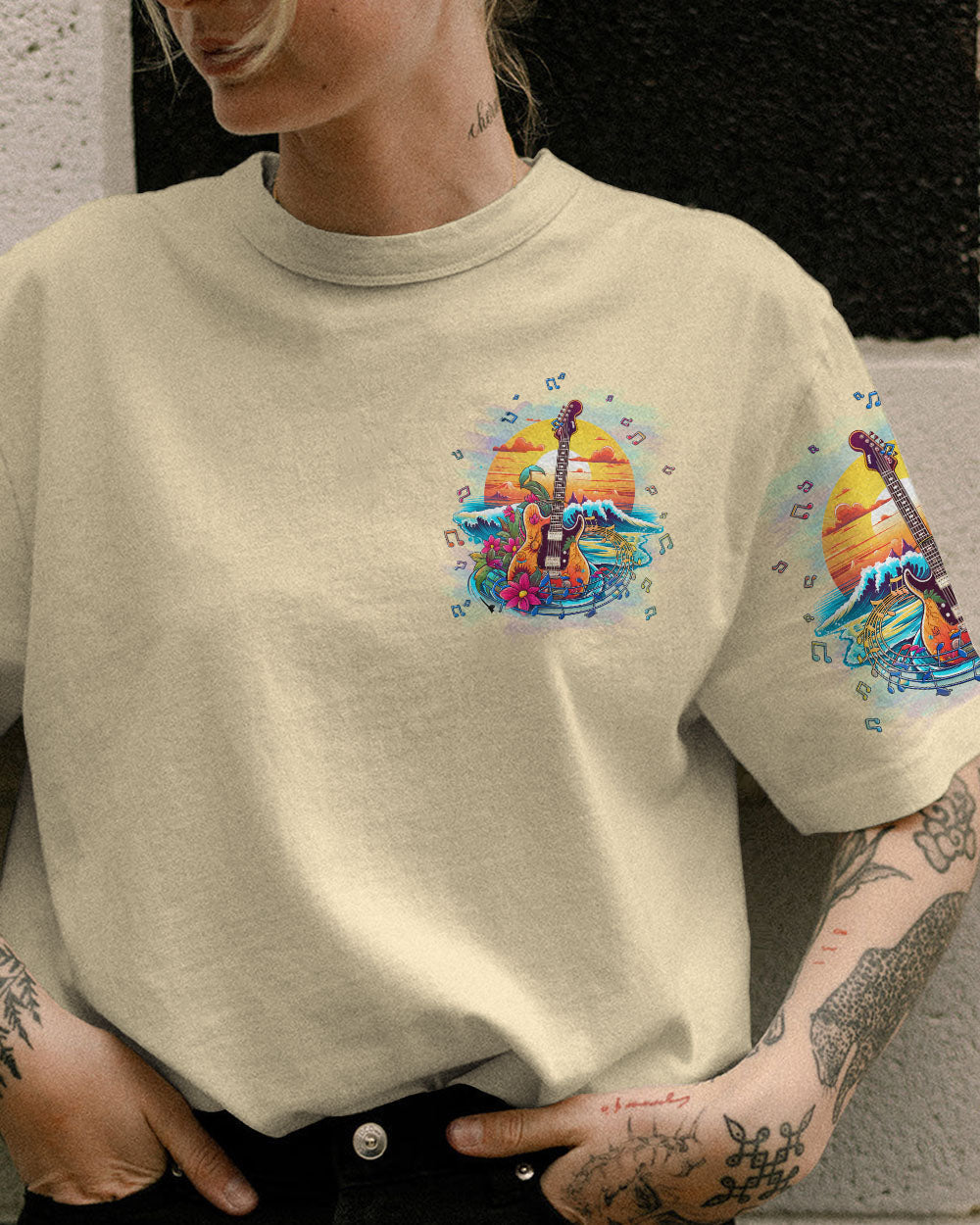 BLISSCORNERS FIND ME WHERE THE MUSIC MEETS THE OCEAN GUITAR ALL OVER PRINT