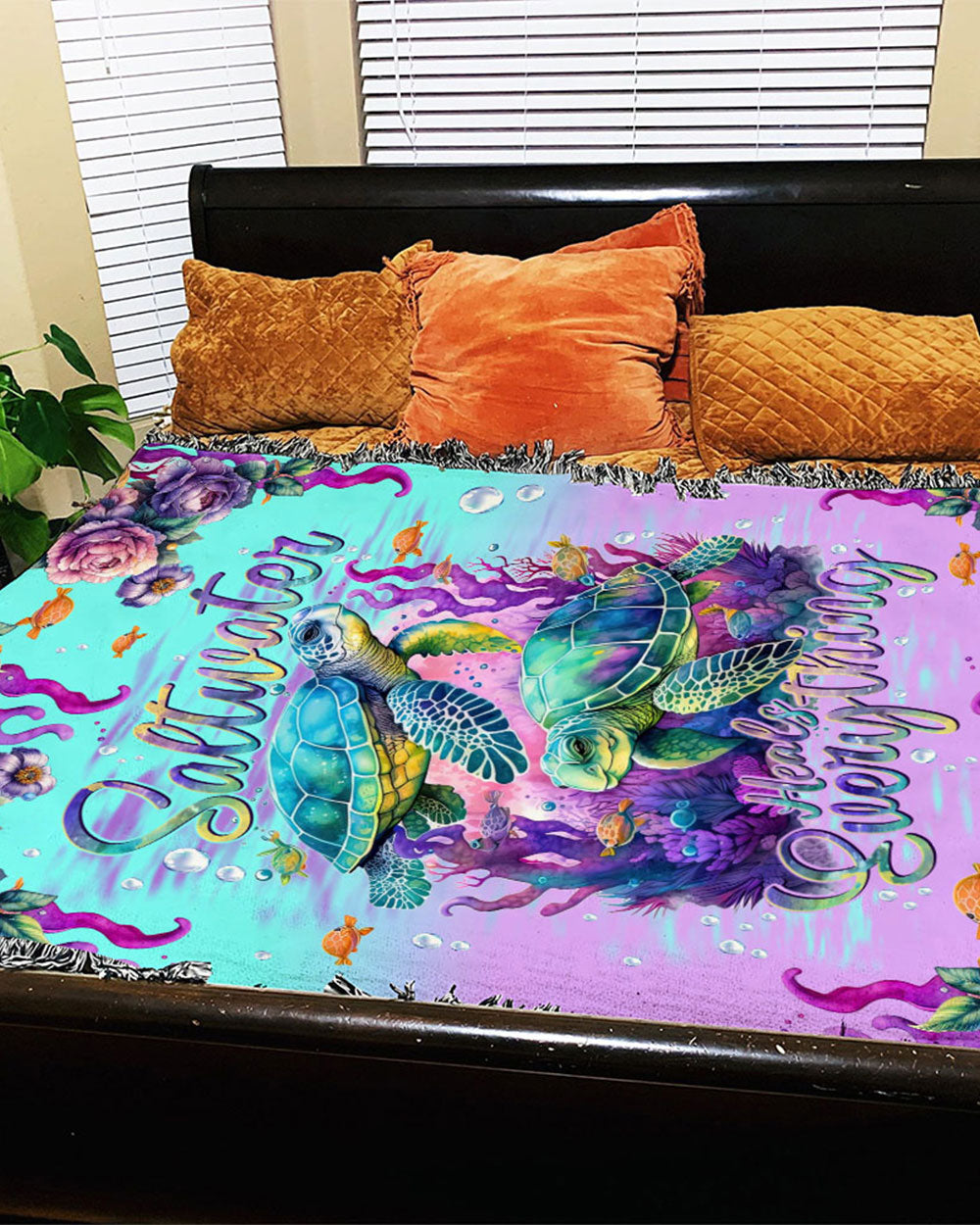 BLISSCORNERS SALTWATER HEALS EVERYTHING TURTLE WOVEN AND FLEECE BLANKET