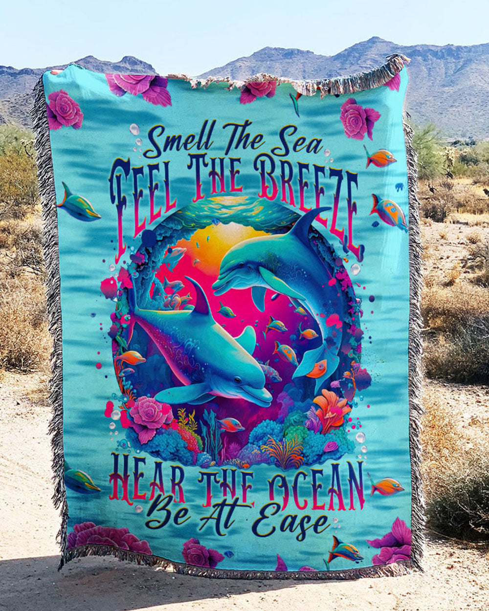 BLISSCORNERS SMELL THE SEA FEEL THE BREEZE DOLPHIN WOVEN AND FLEECE BLANKET