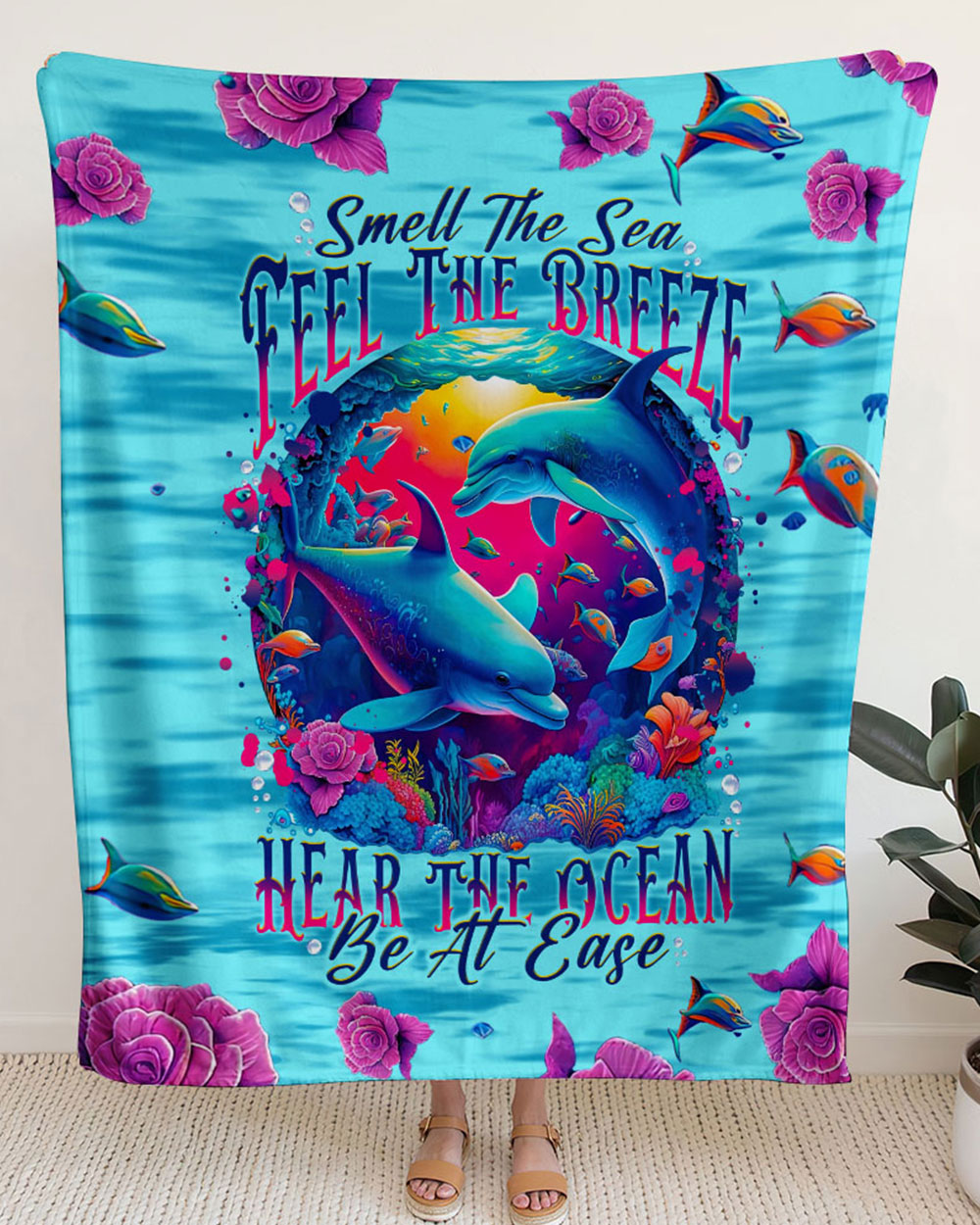 BLISSCORNERS SMELL THE SEA FEEL THE BREEZE DOLPHIN WOVEN AND FLEECE BLANKET