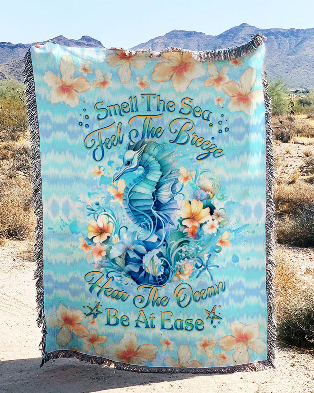 BLISSCORNERS SMELL THE SEA FEEL THE BREEZE SEAHORSE WOVEN AND FLEECE BLANKET