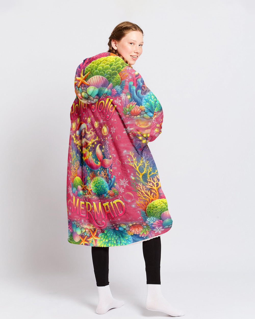 BLISSCORNERS HOLLY JOLLY MERMAID CHRISTMAS SHERPA BLANKET HOODIE