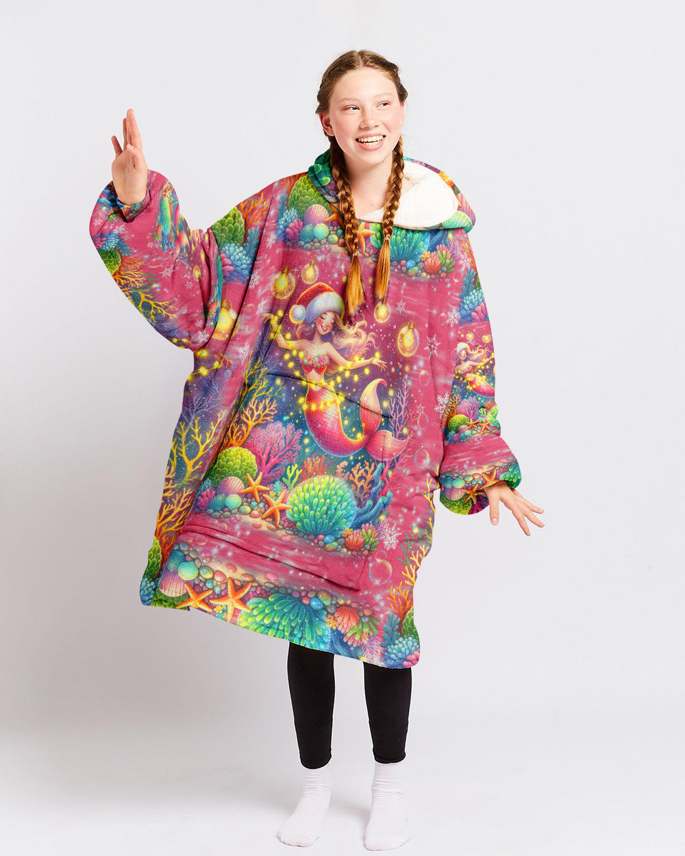 BLISSCORNERS HOLLY JOLLY MERMAID CHRISTMAS SHERPA BLANKET HOODIE