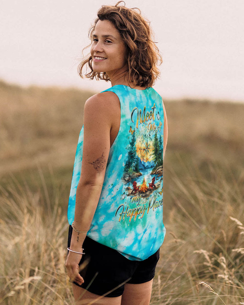 BLISSCORNERS MEET ME AT MY HAPPY PLACE CAMPFIRE TIE DYE ALL OVER PRINT