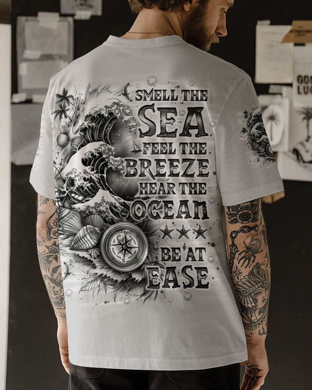 BLISSCORNERS SMELL THE SEA FEEL THE BREEZE COMPASS WAVES ALL OVER PRINT