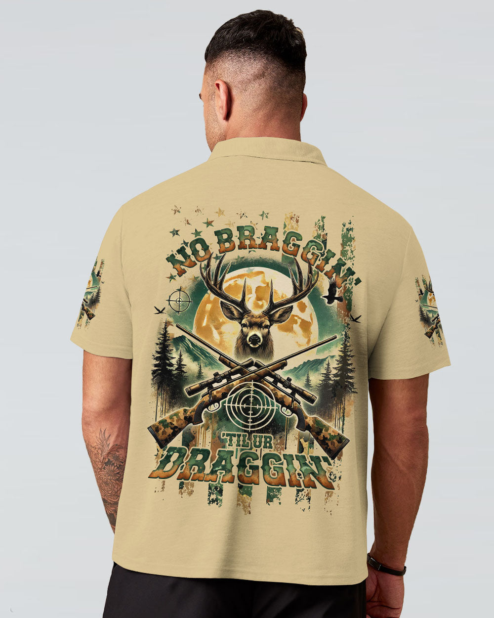 BLISSCORNERS NO BRAGGING UNTIL YOU'RE DRAGGING DEER HUNTING ALL OVER PRINT