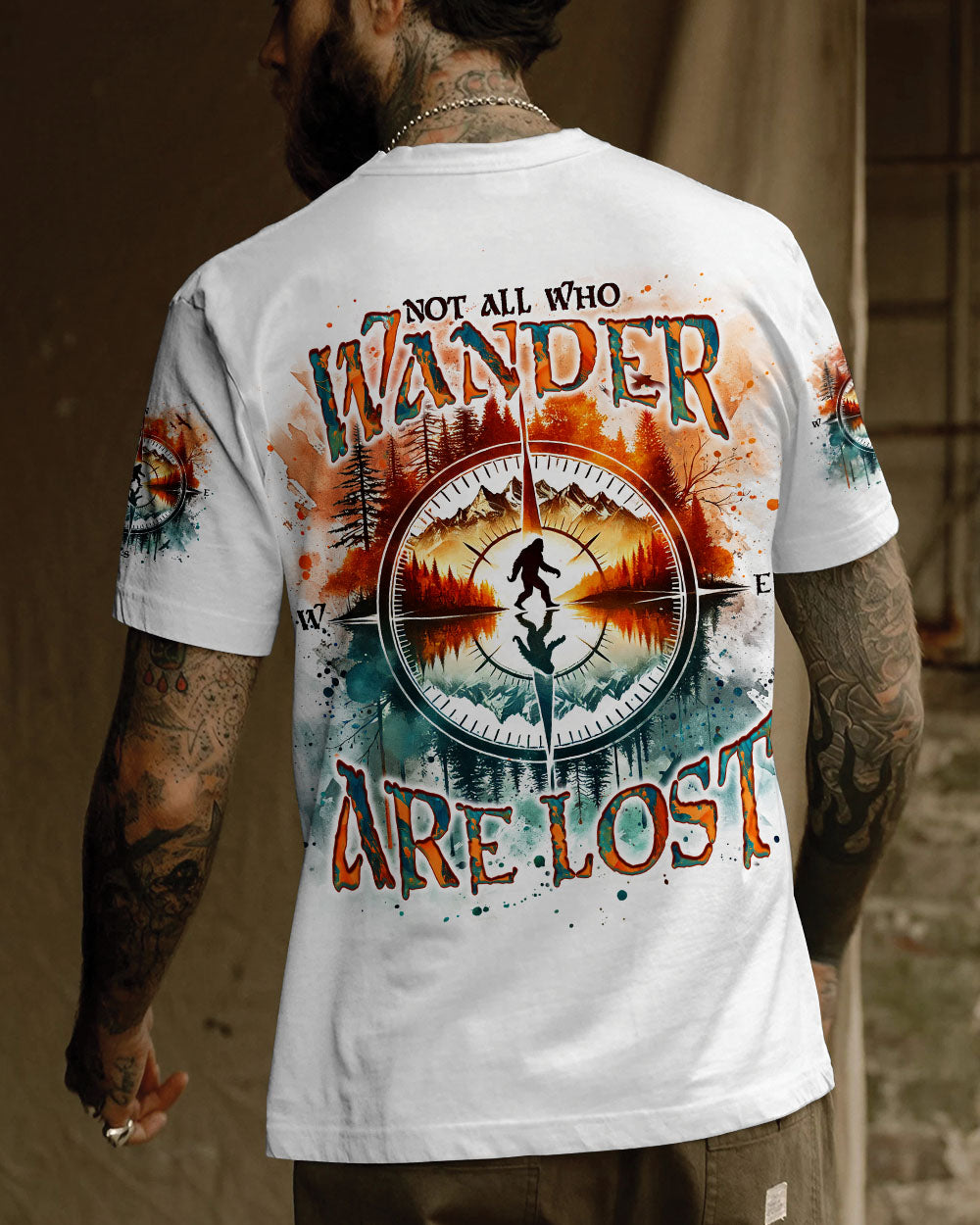 BLISSCORNERS NOT ALL WHO WANDER ARE LOST BIGFOOT COMPASS ALL OVER PRINT