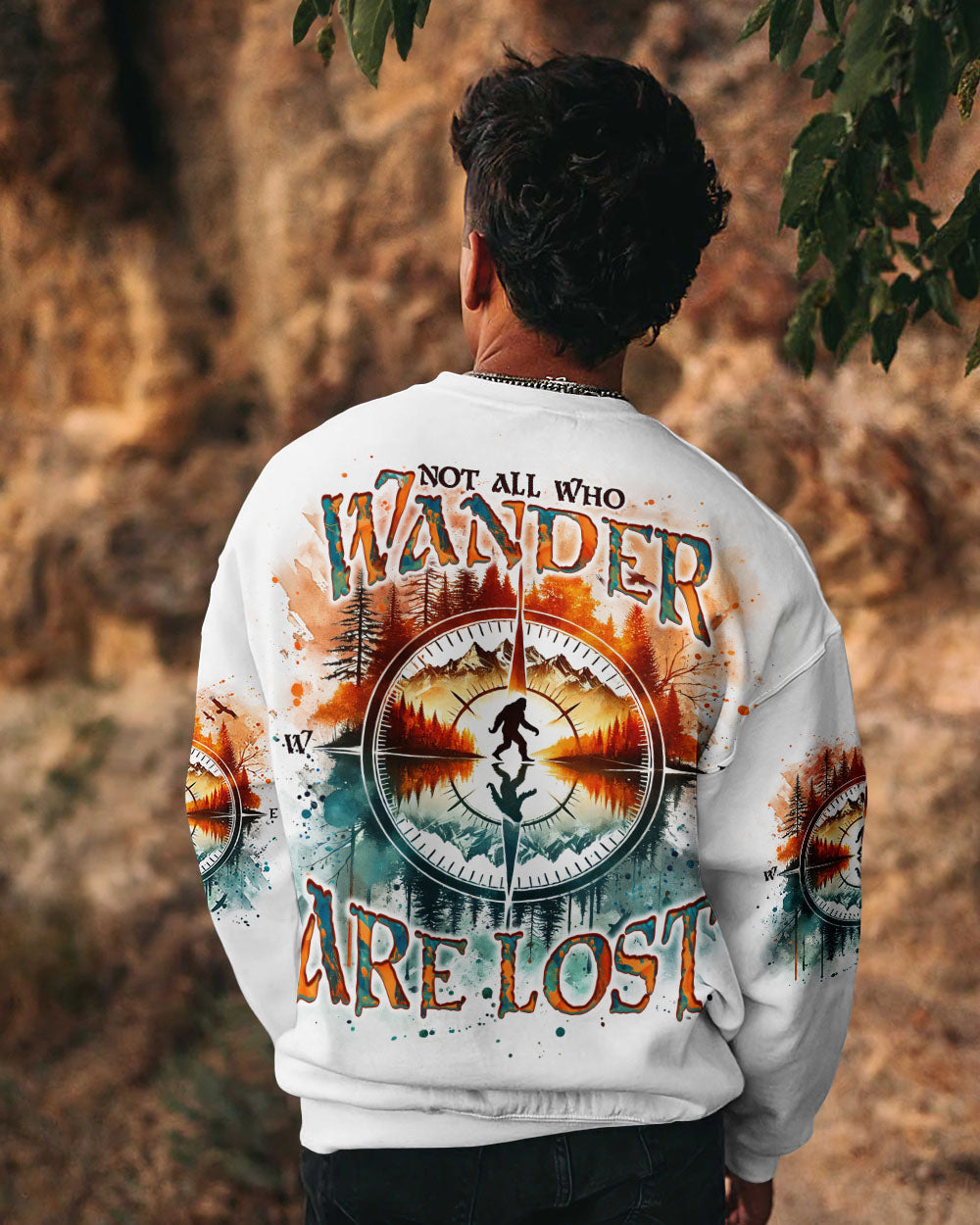 BLISSCORNERS NOT ALL WHO WANDER ARE LOST BIGFOOT COMPASS ALL OVER PRINT