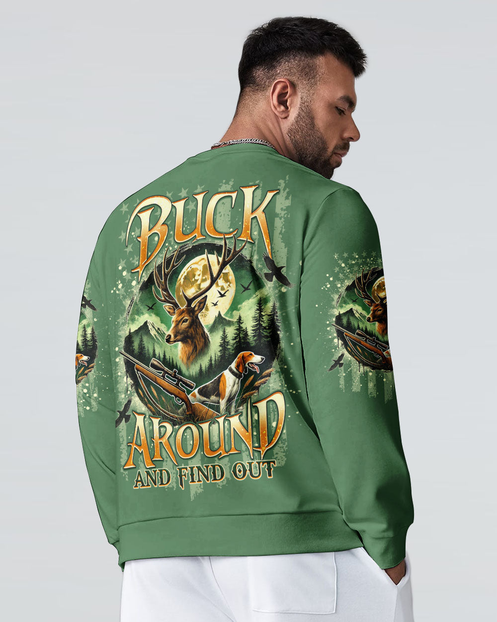 BLISSCORNERS BUCK AROUND AND FIND OUT DEER HUNTING FOXHOUND DOG ALL OVER PRINT