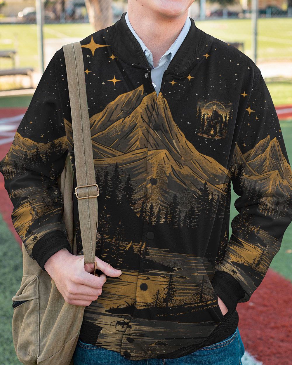 BLISSCORNERS NOT ALL WHO WANDER ARE LOST BIGFOOT COMPASS BOMBER JACKET