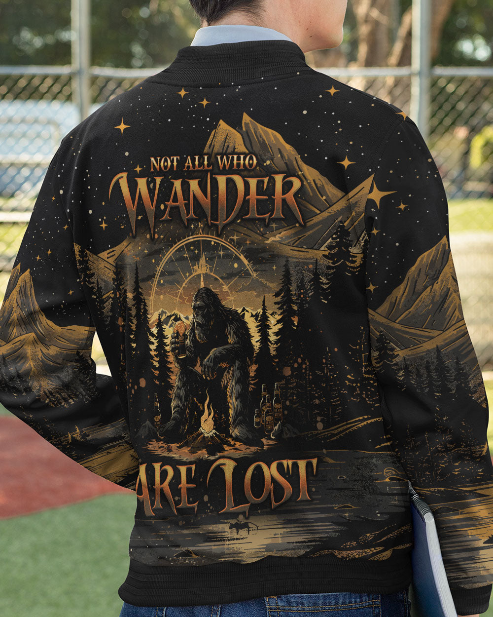 BLISSCORNERS NOT ALL WHO WANDER ARE LOST BIGFOOT COMPASS BOMBER JACKET