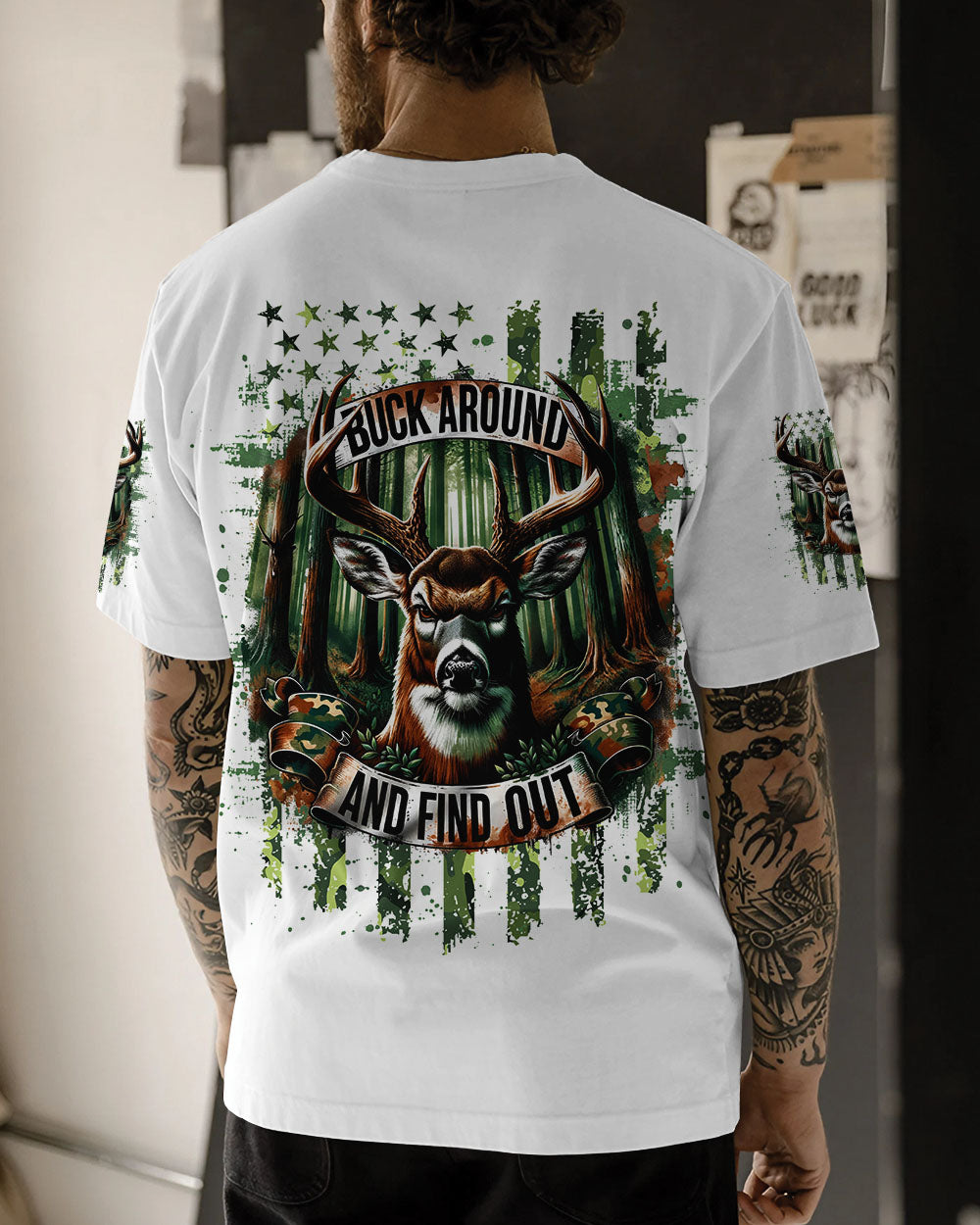 BLISSCORNERS BUCK AROUND AND FIND OUT DEER HUNTING ALL OVER PRINT