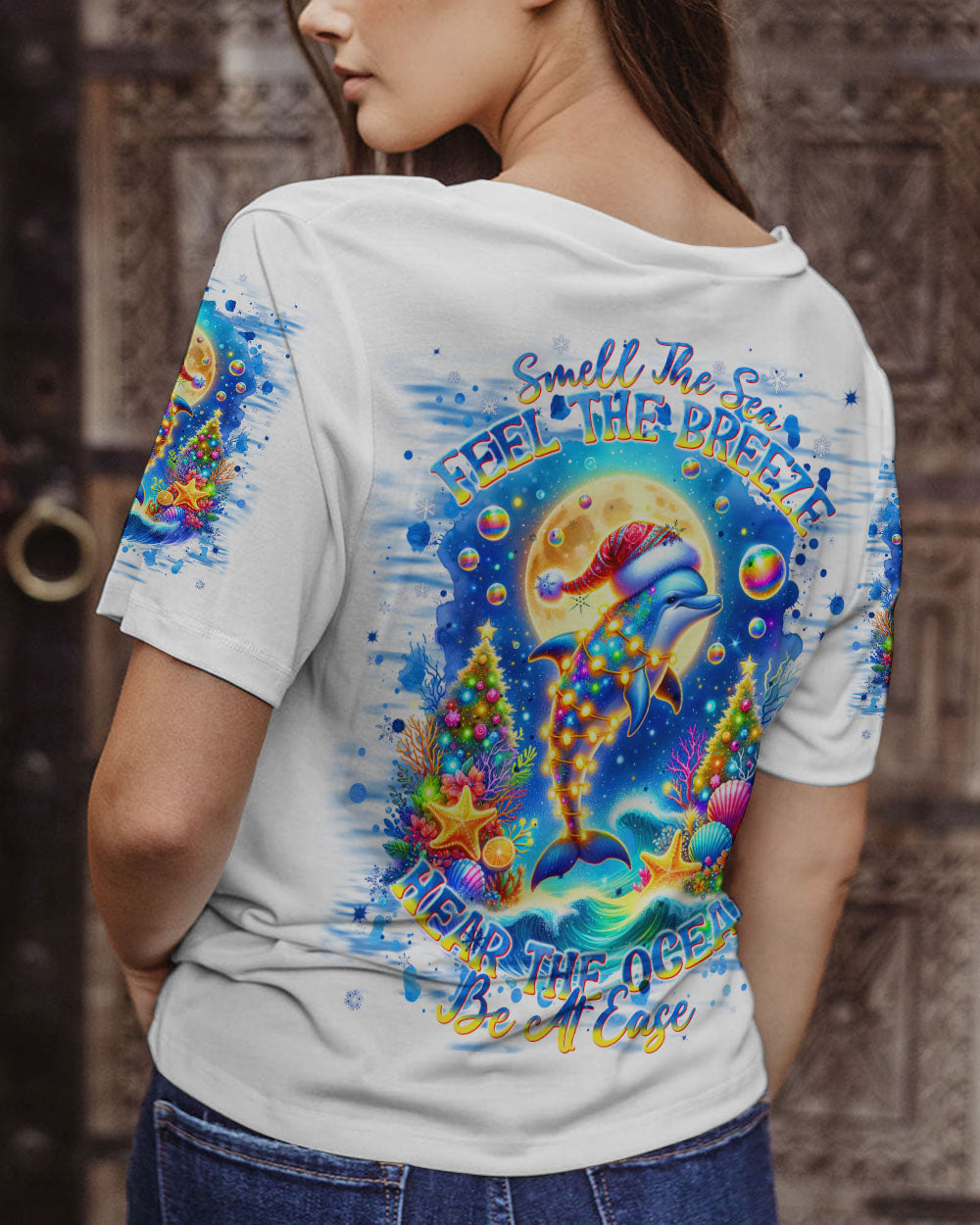 BLISSCORNERS SMELL THE SEA FEEL THE BREEZE DOLPHIN CHRISTMAS ALL OVER PRINT