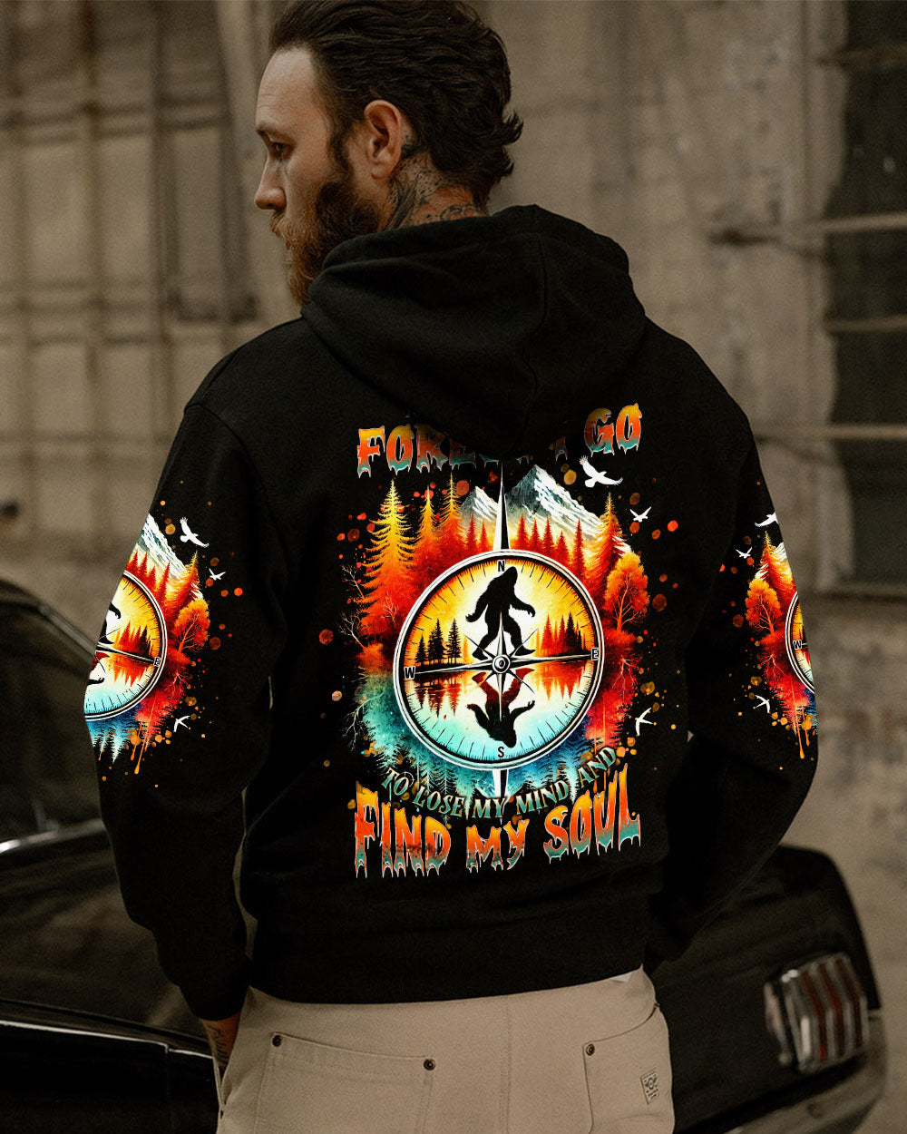 BLISSCORNERS AND INTO THE FOREST I GO BIGFOOT COMPASS ALL OVER PRINT