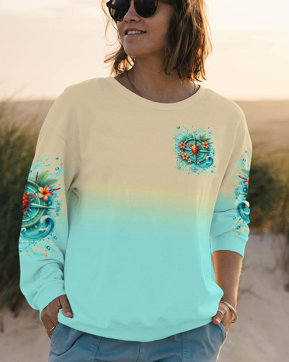 BLISSCORNERS SMELL THE SEA FEEL THE BREEZE TURTLE COMPASS ALL OVER PRINT
