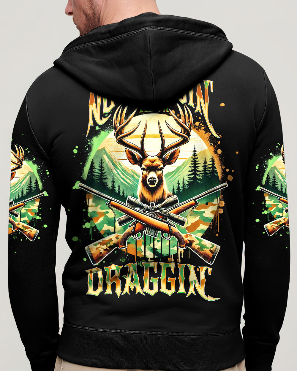 BLISSCORNERS NO BRAGGING UNTIL YOU'RE DRAGGING DEER HUNTING ALL OVER PRINT