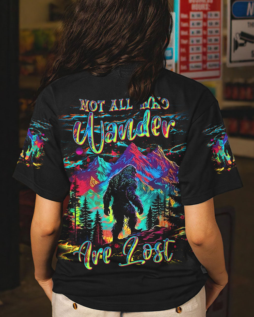 BLISSCORNERS NOT ALL WHO WANDER ARE LOST BIGFOOT COLORFUL ALL OVER PRINT