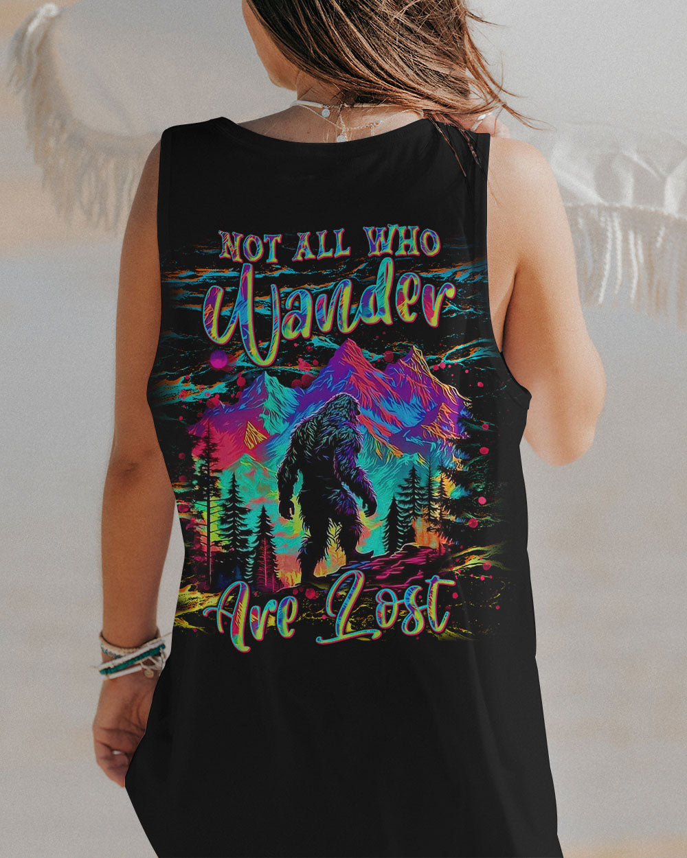 BLISSCORNERS NOT ALL WHO WANDER ARE LOST BIGFOOT COLORFUL ALL OVER PRINT