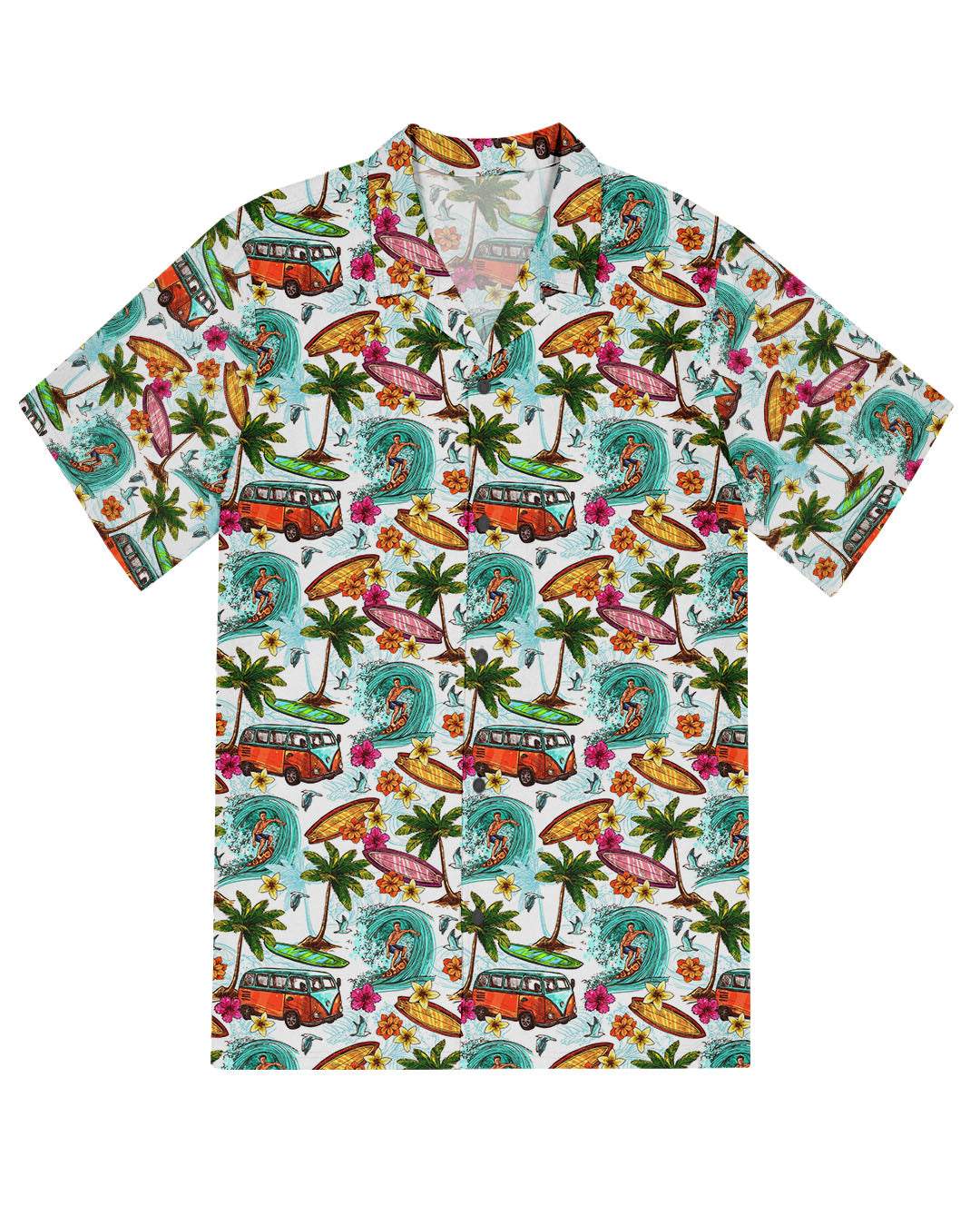 BLISSCORNERS CAMPING BUS SURF PALM TREES SEAMLESS HAWAIIAN SHIRT