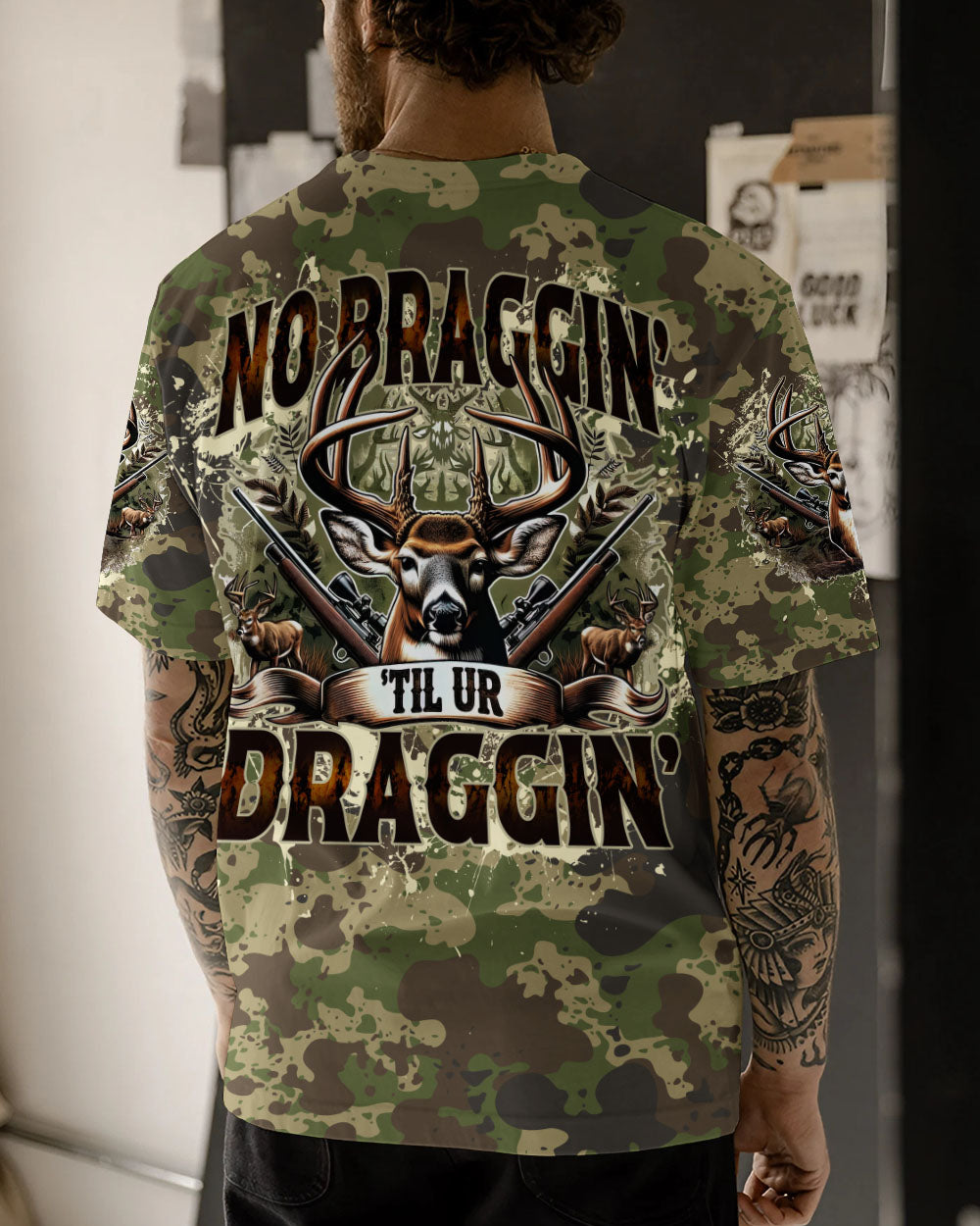 BLISSCORNERS NO BRAGGING UNTIL YOU'RE DRAGGING HUNTING ALL OVER PRINT