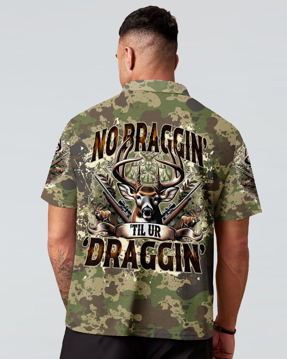BLISSCORNERS NO BRAGGING UNTIL YOU'RE DRAGGING HUNTING ALL OVER PRINT
