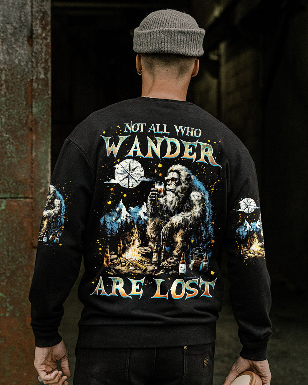 BLISSCORNERS NOT ALL WHO WANDER ARE LOST BIGFOOT COMPASS ALL OVER PRINT