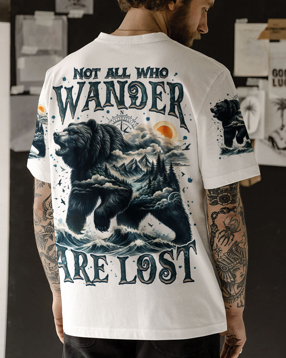 BLISSCORNERS NOT ALL WHO WANDER ARE LOST BEAR COMPASS ALL OVER PRINT