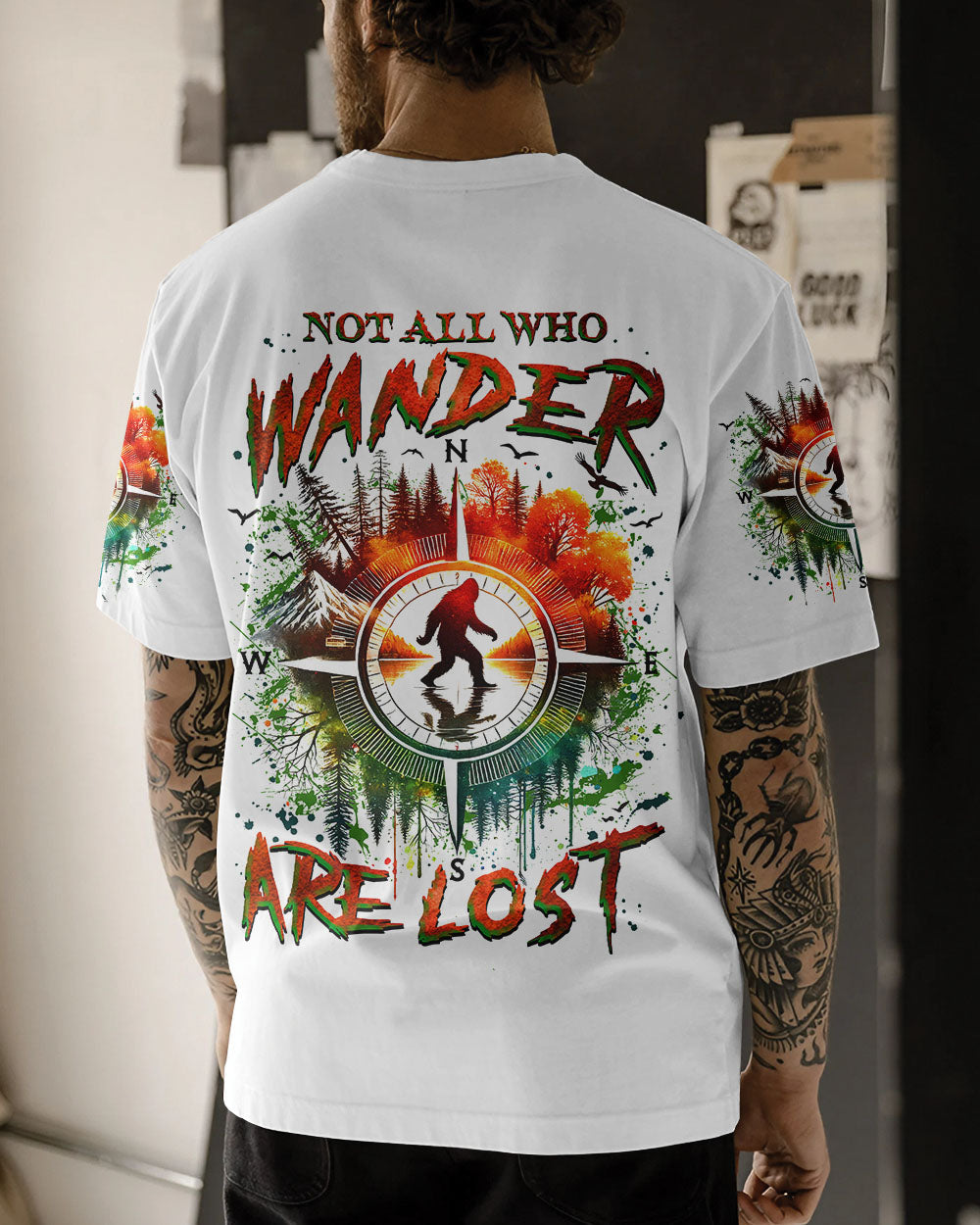BLISSCORNERS NOT ALL WHO WANDER ARE LOST BIGFOOT COMPASS ALL OVER PRINT