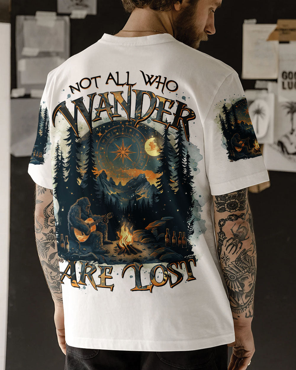 BLISSCORNERS NOT ALL WHO WANDER ARE LOST BIGFOOT COMPASS ALL OVER PRINT