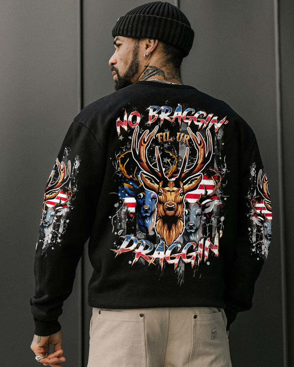 BLISSCORNERS NO BRAGGING UNTIL YOU'RE DRAGGING HUNTING ALL OVER PRINT