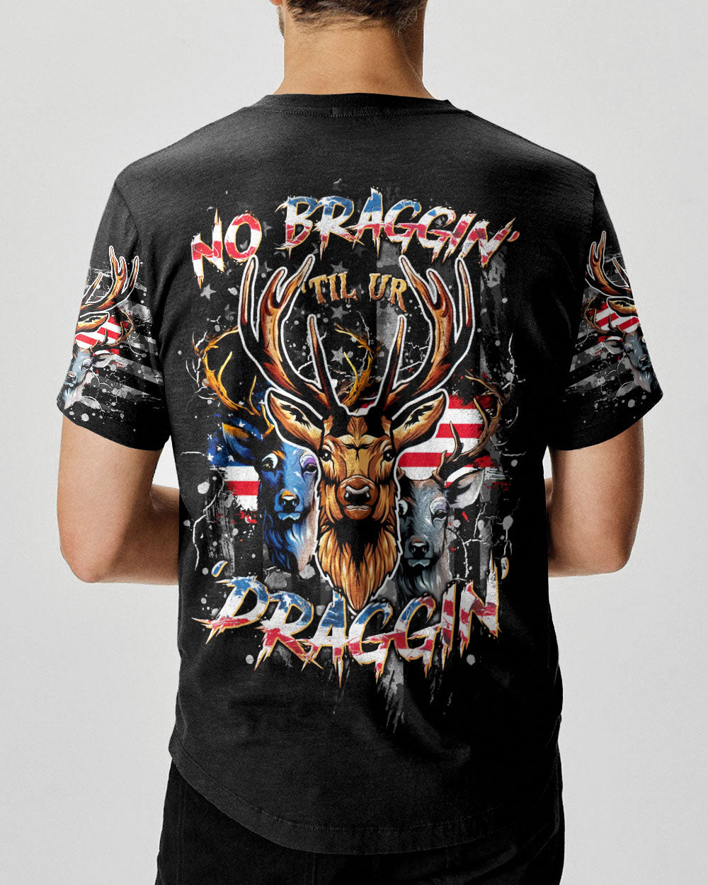 BLISSCORNERS NO BRAGGING UNTIL YOU'RE DRAGGING HUNTING ALL OVER PRINT
