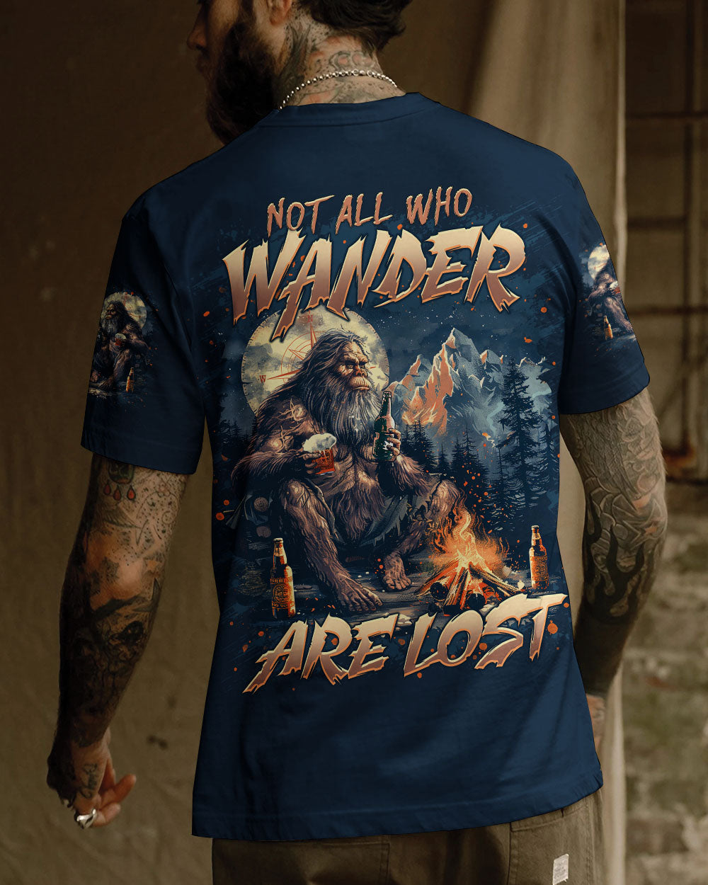 BLISSCORNERS NOT ALL WHO WANDER ARE LOST BIGFOOT COMPASS ALL OVER PRINT