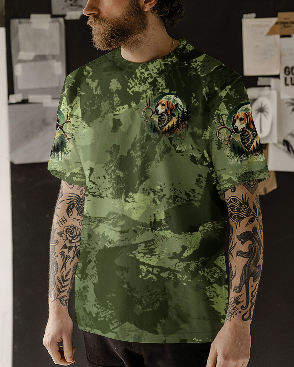 BLISSCORNERS RAISE 'EM IN THE WOODS DEER HUNTING FOXHOUND DOG ALL OVER PRINT