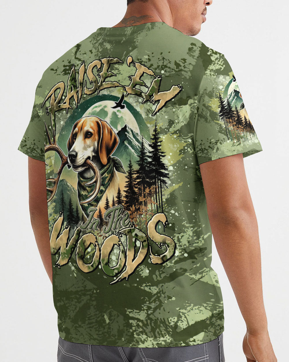 BLISSCORNERS RAISE 'EM IN THE WOODS DEER HUNTING FOXHOUND DOG ALL OVER PRINT
